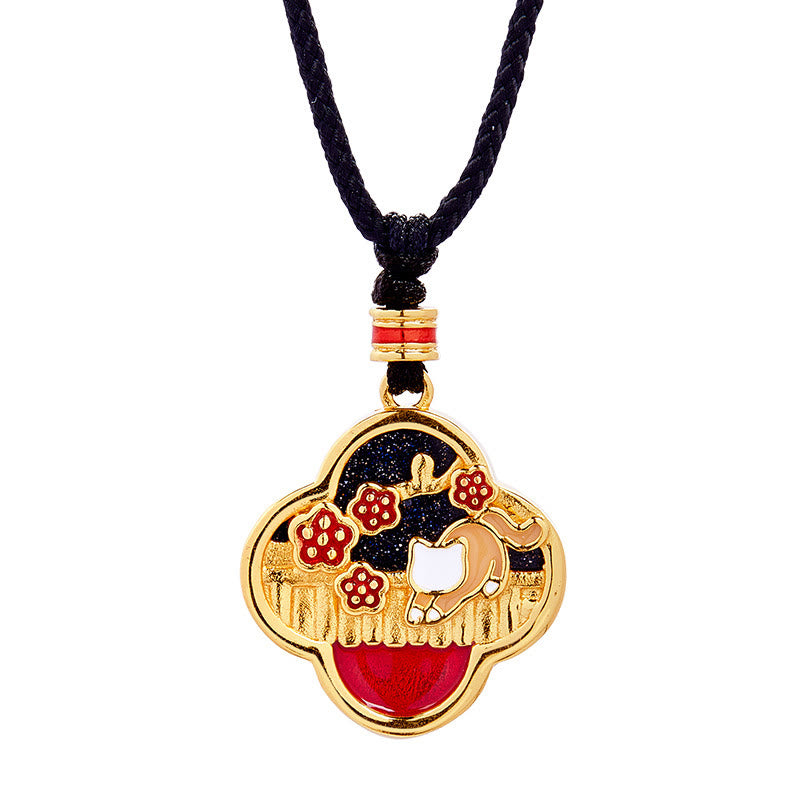 Wear FengShui 925 Sterling Silver Plum Blossom Cat Four Leaf Clover Blessing Necklace Pendant
