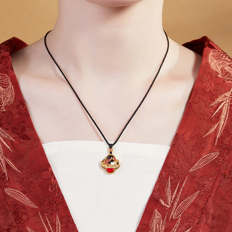 Wear FengShui 925 Sterling Silver Plum Blossom Cat Four Leaf Clover Blessing Necklace Pendant