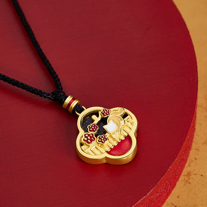 Wear FengShui 925 Sterling Silver Plum Blossom Cat Four Leaf Clover Blessing Necklace Pendant