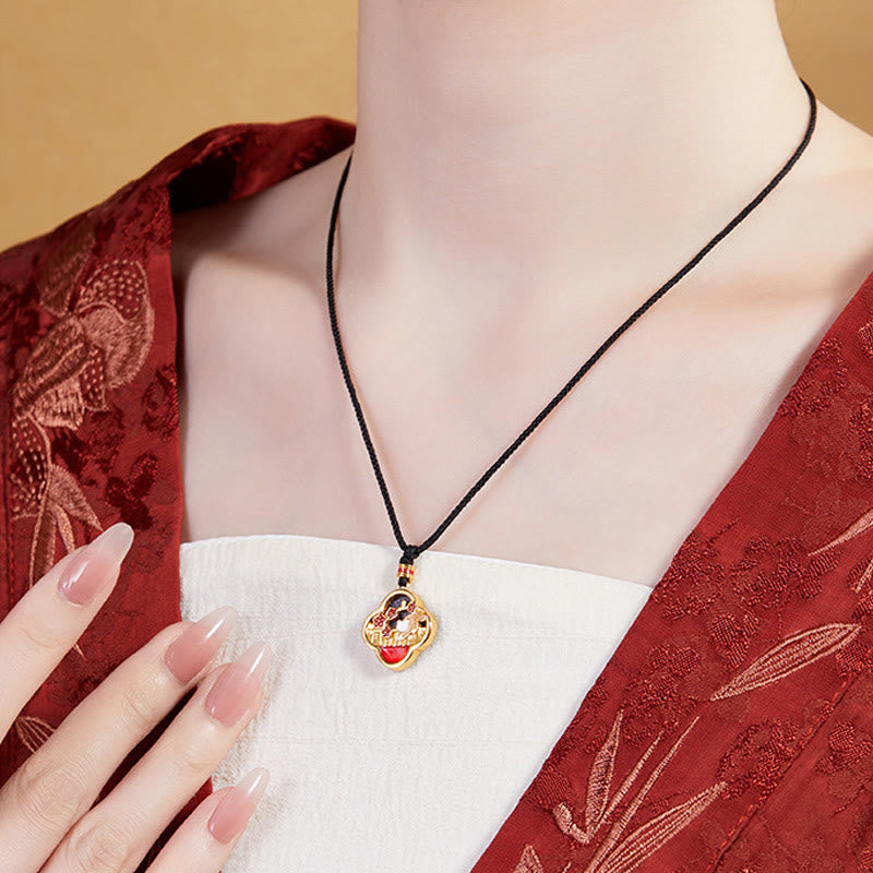 Wear FengShui 925 Sterling Silver Plum Blossom Cat Four Leaf Clover Blessing Necklace Pendant
