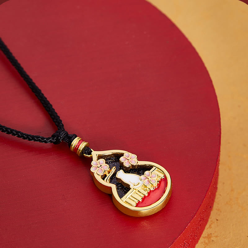 Wear FengShui 925 Sterling Silver Peach Blossom Cat Gourd Pattern Protection Necklace Pendant