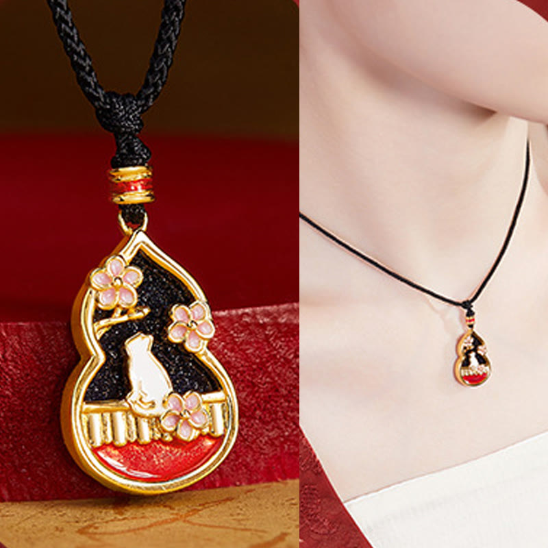 Wear FengShui 925 Sterling Silver Peach Blossom Cat Gourd Pattern Protection Necklace Pendant