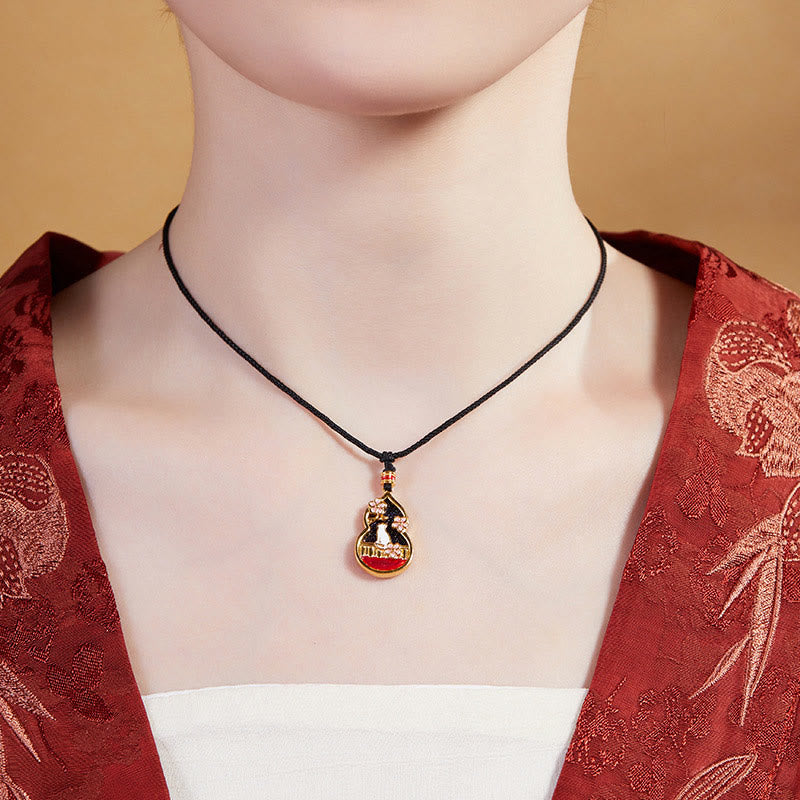 Wear FengShui 925 Sterling Silver Peach Blossom Cat Gourd Pattern Protection Necklace Pendant