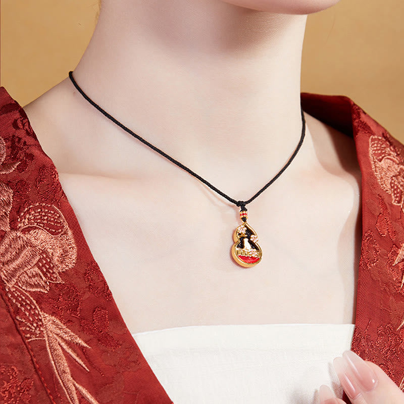 Wear FengShui 925 Sterling Silver Peach Blossom Cat Gourd Pattern Protection Necklace Pendant