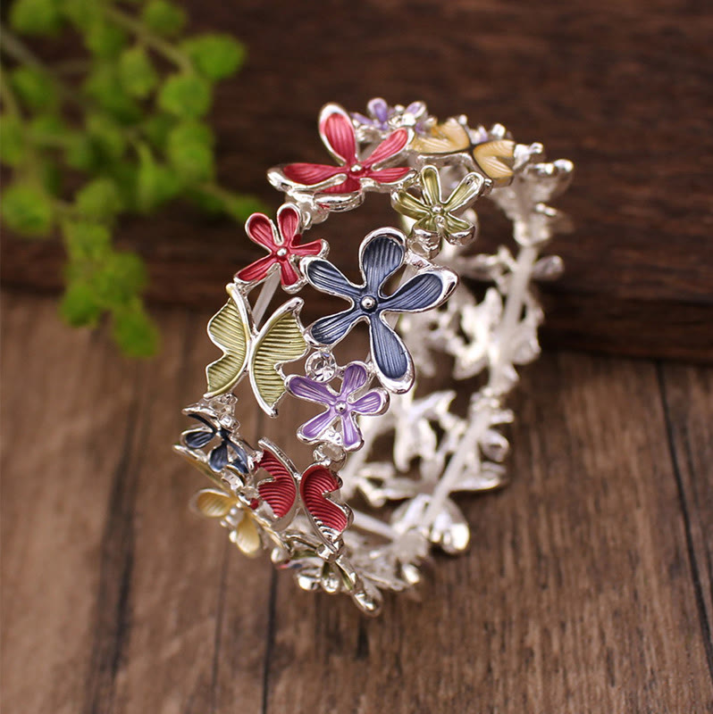 Wear FengShui Colorful Butterfly Flowers Love Alloy Elastic Bracelet Bangle