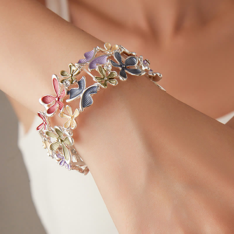 Wear FengShui Colorful Butterfly Flowers Love Alloy Elastic Bracelet Bangle
