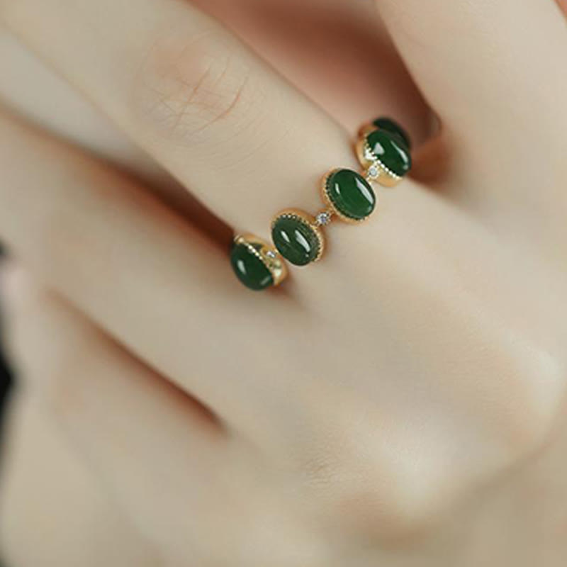 Buddha Stones 925 Sterling Silver Hetian Cyan Jade Beads Healing Adjustable Ring