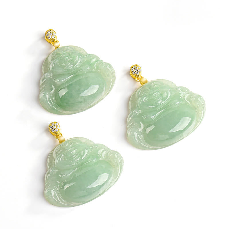 Wear FengShui Natural Jade Laughing Buddha Luck Prosperity Titanium Steel Chain Necklace Pendant