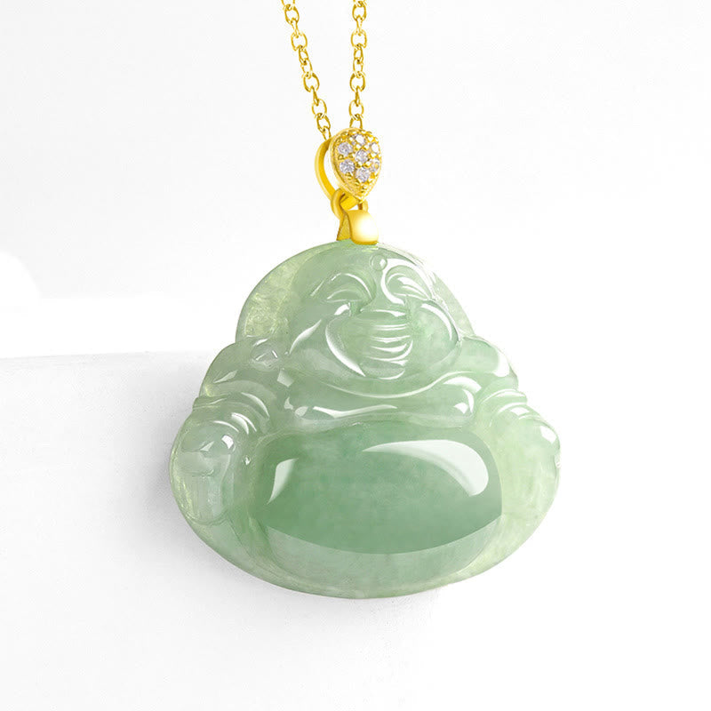 Wear FengShui Natural Jade Laughing Buddha Luck Prosperity Titanium Steel Chain Necklace Pendant