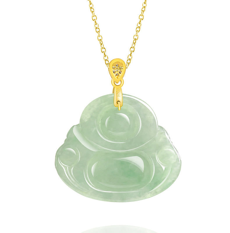 Wear FengShui Natural Jade Laughing Buddha Luck Prosperity Titanium Steel Chain Necklace Pendant