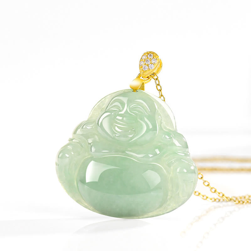 Wear FengShui Natural Jade Laughing Buddha Luck Prosperity Titanium Steel Chain Necklace Pendant