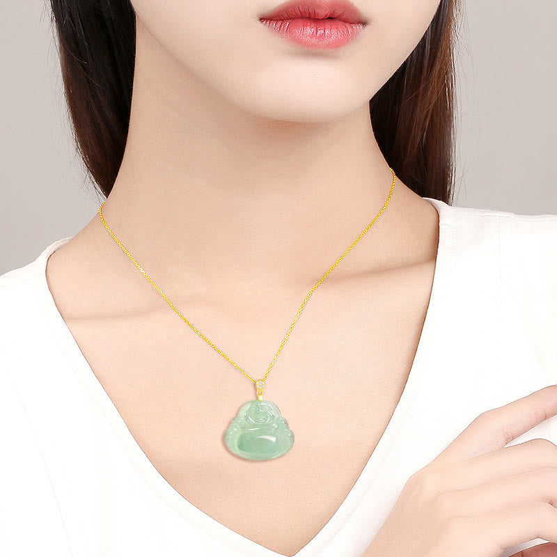 Wear FengShui Natural Jade Laughing Buddha Luck Prosperity Titanium Steel Chain Necklace Pendant