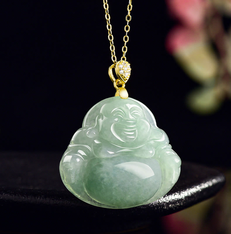 Wear FengShui Natural Jade Laughing Buddha Luck Prosperity Titanium Steel Chain Necklace Pendant