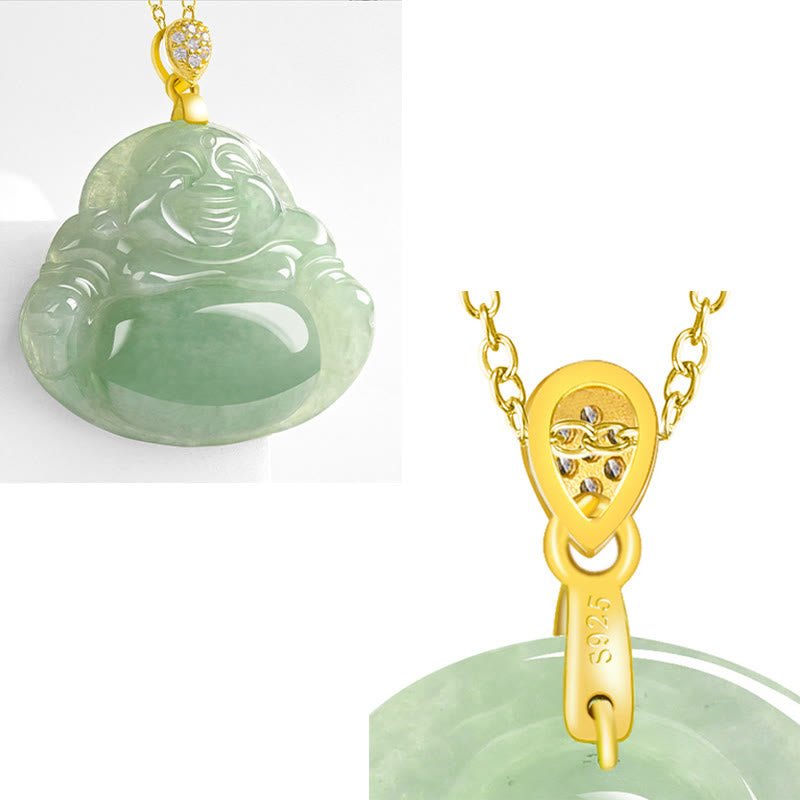 Wear FengShui Natural Jade Laughing Buddha Luck Prosperity Titanium Steel Chain Necklace Pendant