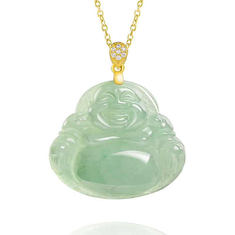 Wear FengShui Natural Jade Laughing Buddha Luck Prosperity Titanium Steel Chain Necklace Pendant