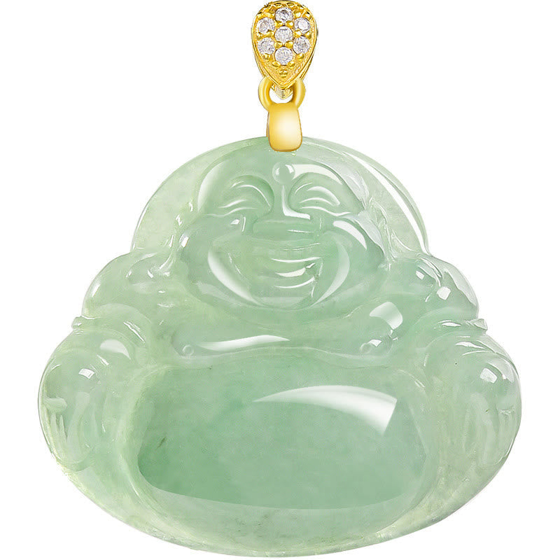 Wear FengShui Natural Jade Laughing Buddha Luck Prosperity Titanium Steel Chain Necklace Pendant