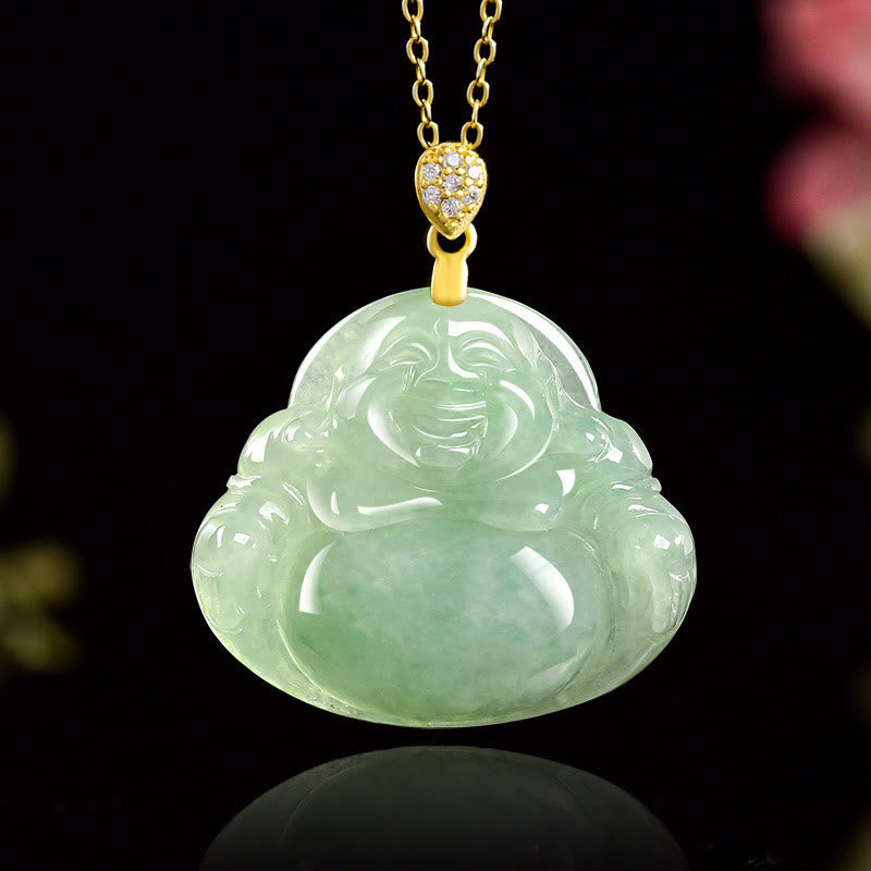 Wear FengShui Natural Jade Laughing Buddha Luck Prosperity Titanium Steel Chain Necklace Pendant