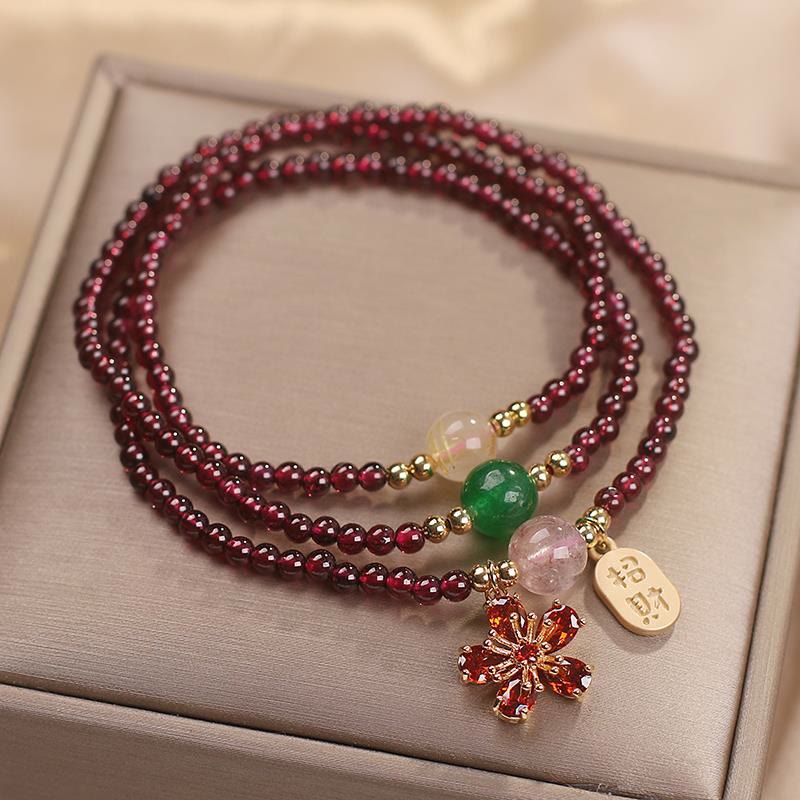 Wear FengShui Natural 3mm Ultra-thin Garnet Beads Cherry Blossom Flower Attract Fortune Protection Multilayer Bracelet