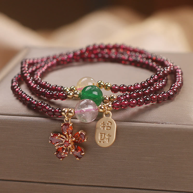 Wear FengShui Natural 3mm Ultra-thin Garnet Beads Cherry Blossom Flower Attract Fortune Protection Multilayer Bracelet