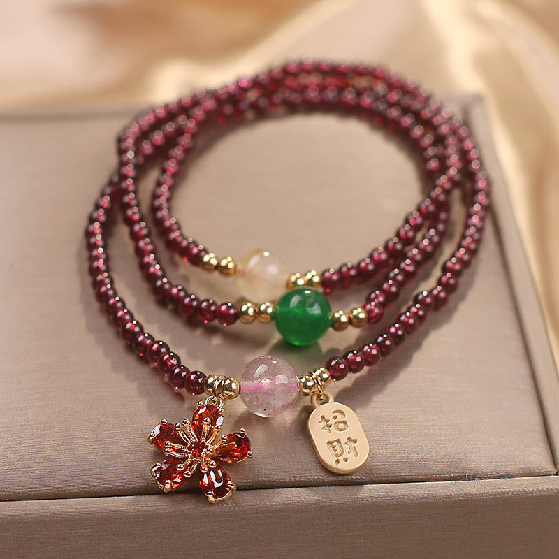 Wear FengShui Natural 3mm Ultra-thin Garnet Beads Cherry Blossom Flower Attract Fortune Protection Multilayer Bracelet