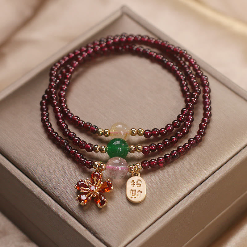 Wear FengShui Natural 3mm Ultra-thin Garnet Beads Cherry Blossom Flower Attract Fortune Protection Multilayer Bracelet