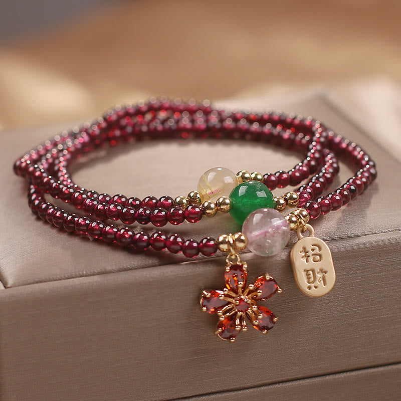 Wear FengShui Natural 3mm Ultra-thin Garnet Beads Cherry Blossom Flower Attract Fortune Protection Multilayer Bracelet