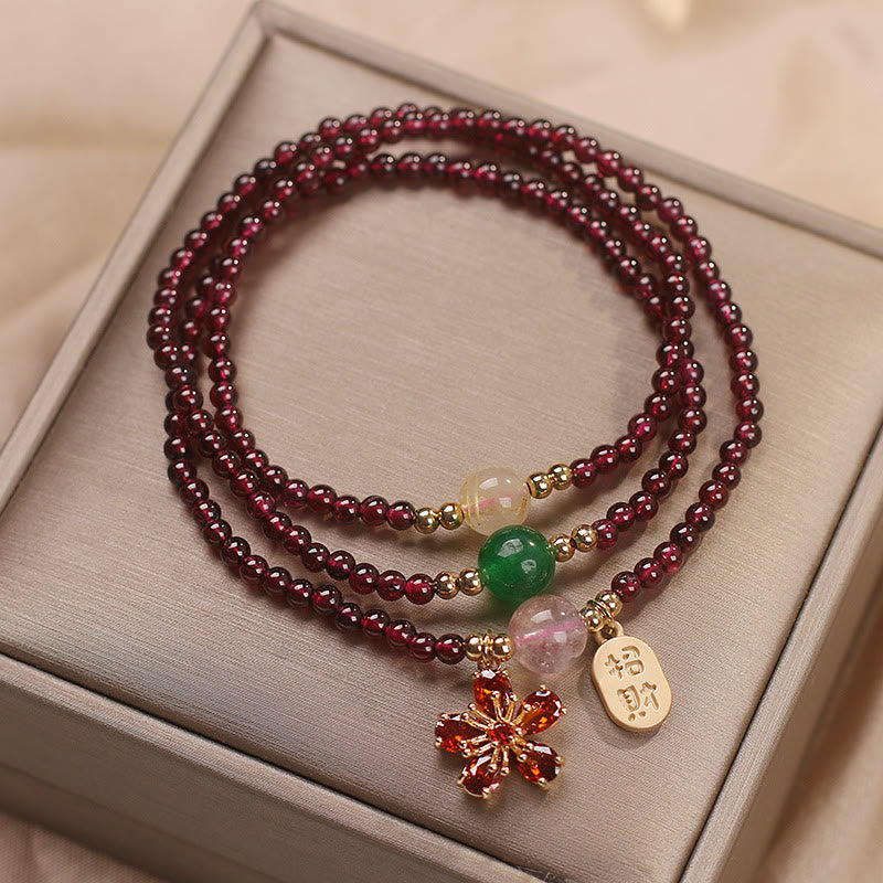Wear FengShui Natural 3mm Ultra-thin Garnet Beads Cherry Blossom Flower Attract Fortune Protection Multilayer Bracelet