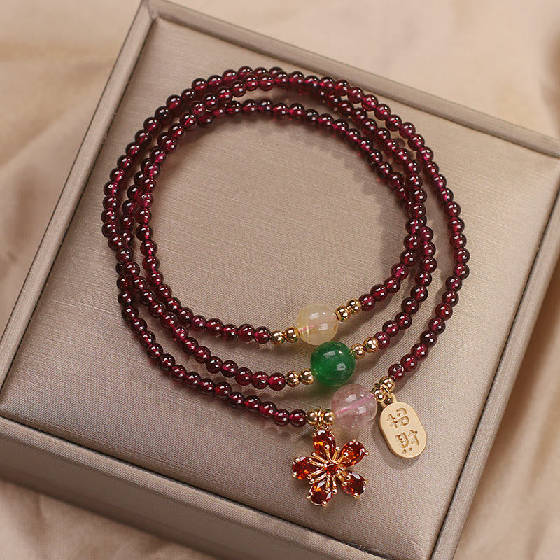 Wear FengShui Natural 3mm Ultra-thin Garnet Beads Cherry Blossom Flower Attract Fortune Protection Multilayer Bracelet
