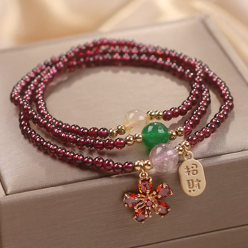 Wear FengShui Natural 3mm Ultra-thin Garnet Beads Cherry Blossom Flower Attract Fortune Protection Multilayer Bracelet