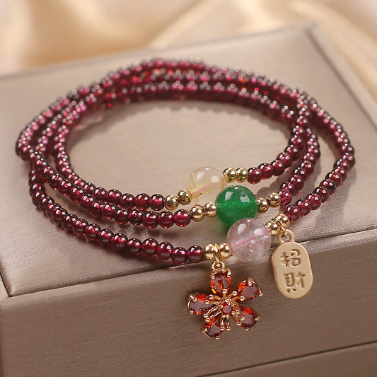 Wear FengShui Natural 3mm Ultra-thin Garnet Beads Cherry Blossom Flower Attract Fortune Protection Multilayer Bracelet