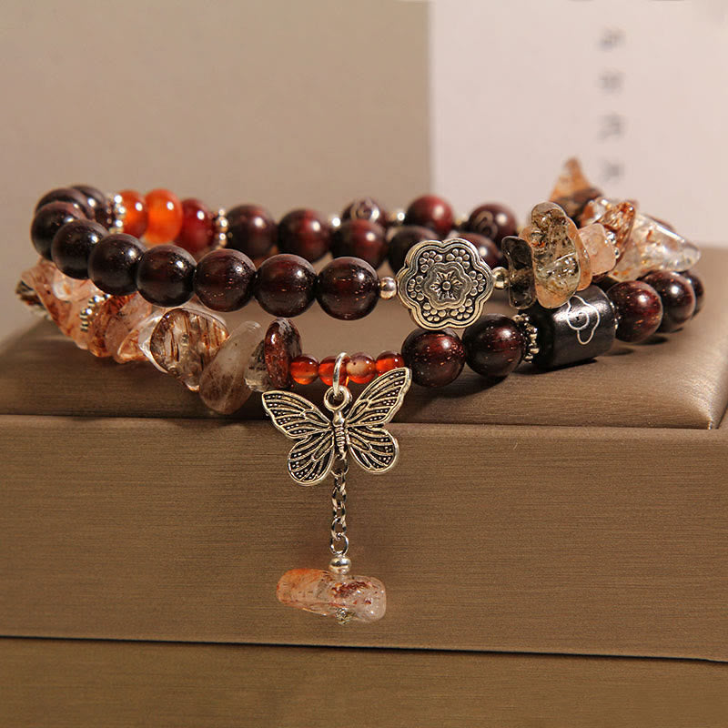 Wear FengShui Natural Rutilated Quartz Small Leaf Red Sandalwood Wealth Butterfly Charm Bracelet