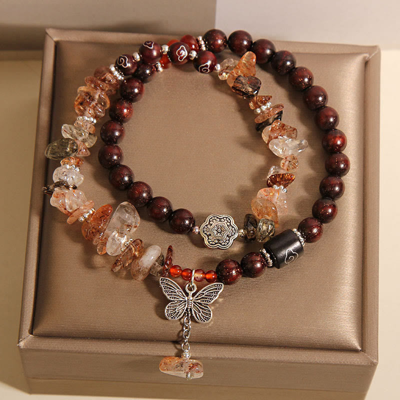 Wear FengShui Natural Rutilated Quartz Small Leaf Red Sandalwood Wealth Butterfly Charm Bracelet