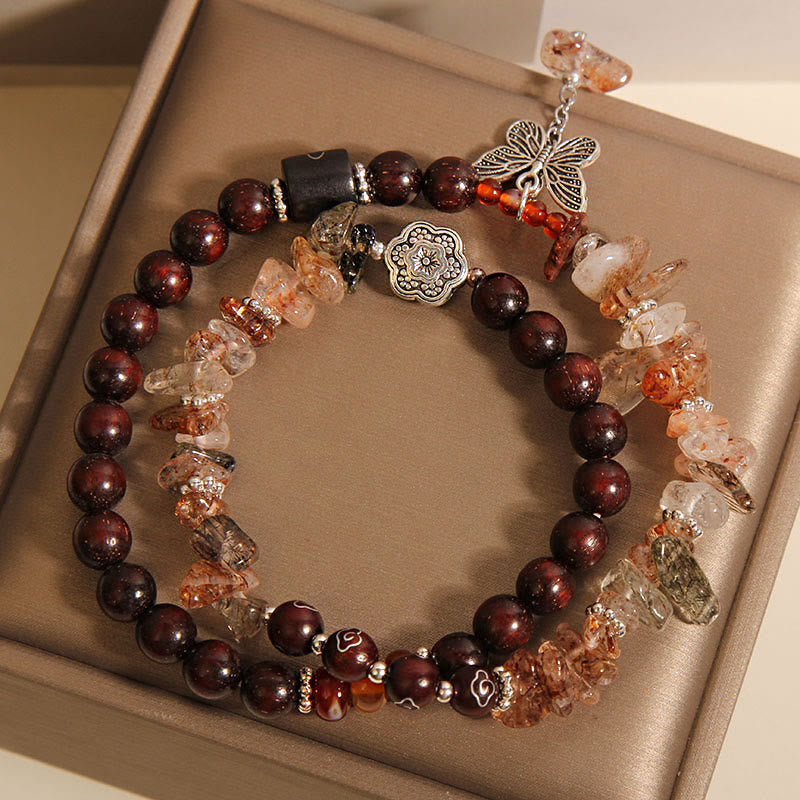 Wear FengShui Natural Rutilated Quartz Small Leaf Red Sandalwood Wealth Butterfly Charm Bracelet