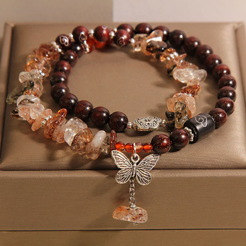 Wear FengShui Natural Rutilated Quartz Small Leaf Red Sandalwood Wealth Butterfly Charm Bracelet