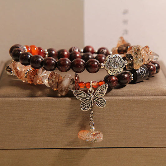 Wear FengShui Natural Rutilated Quartz Small Leaf Red Sandalwood Wealth Butterfly Charm Bracelet