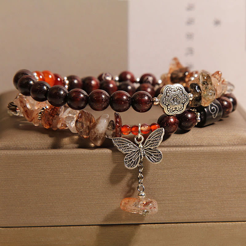Wear FengShui Natural Rutilated Quartz Small Leaf Red Sandalwood Wealth Butterfly Charm Bracelet