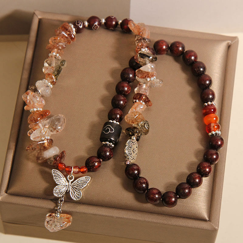 Wear FengShui Natural Rutilated Quartz Small Leaf Red Sandalwood Wealth Butterfly Charm Bracelet