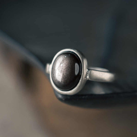 Wear FengShui Natural 925 Sterling Silver Silver Sheen Obsidian Adjustable Protection Ring