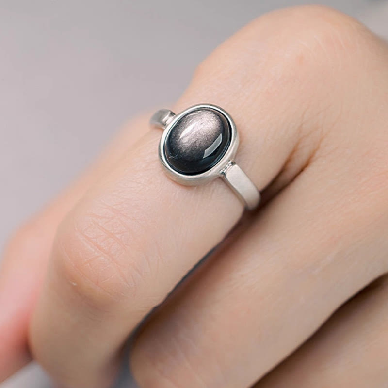 Wear FengShui Natural 925 Sterling Silver Silver Sheen Obsidian Adjustable Protection Ring