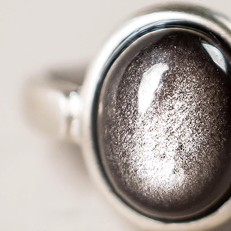 Wear FengShui Natural 925 Sterling Silver Silver Sheen Obsidian Adjustable Protection Ring