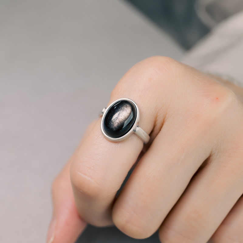 Wear FengShui Natural 925 Sterling Silver Silver Sheen Obsidian Adjustable Protection Ring