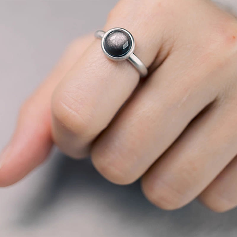 Wear FengShui Natural 925 Sterling Silver Silver Sheen Obsidian Adjustable Protection Ring