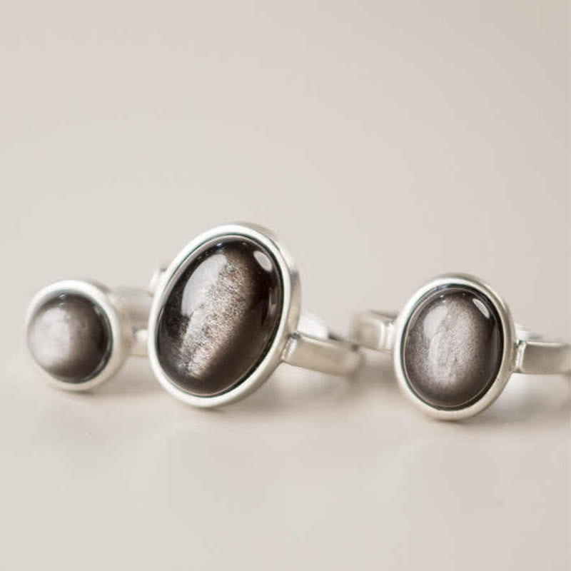 Wear FengShui Natural 925 Sterling Silver Silver Sheen Obsidian Adjustable Protection Ring