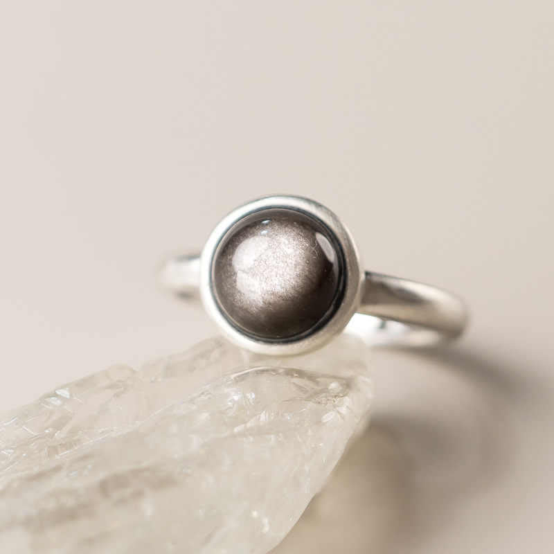 Wear FengShui Natural 925 Sterling Silver Silver Sheen Obsidian Adjustable Protection Ring