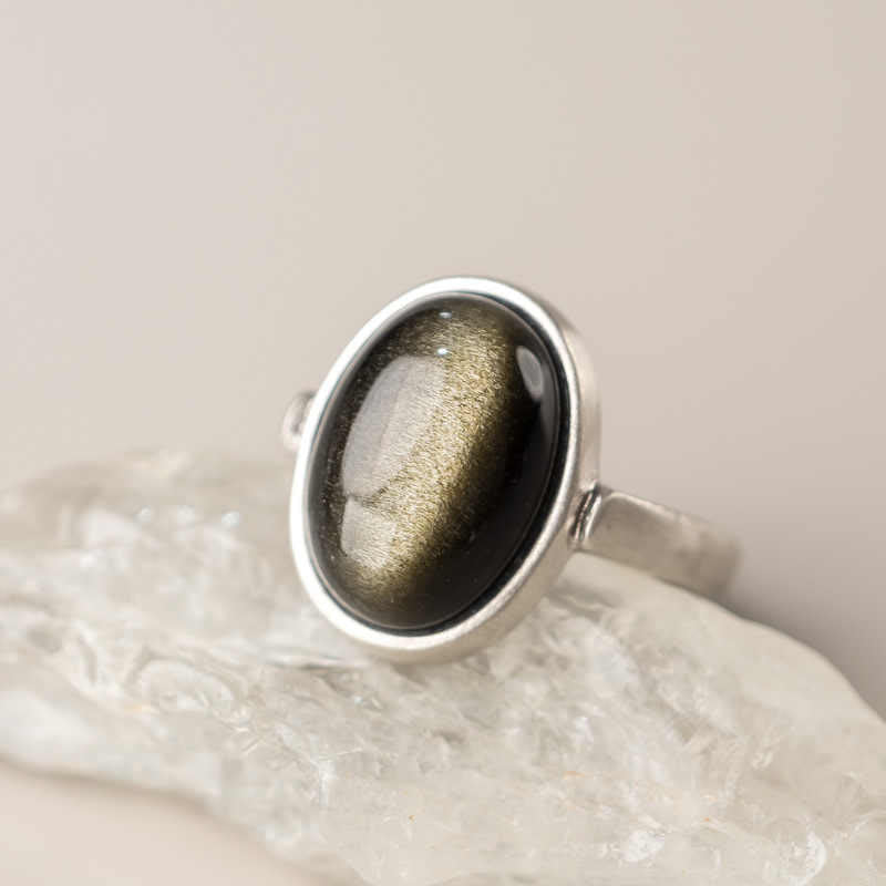Wear FengShui Natural 925 Sterling Silver Gold Sheen Obsidian Adjustable Wealth Ring