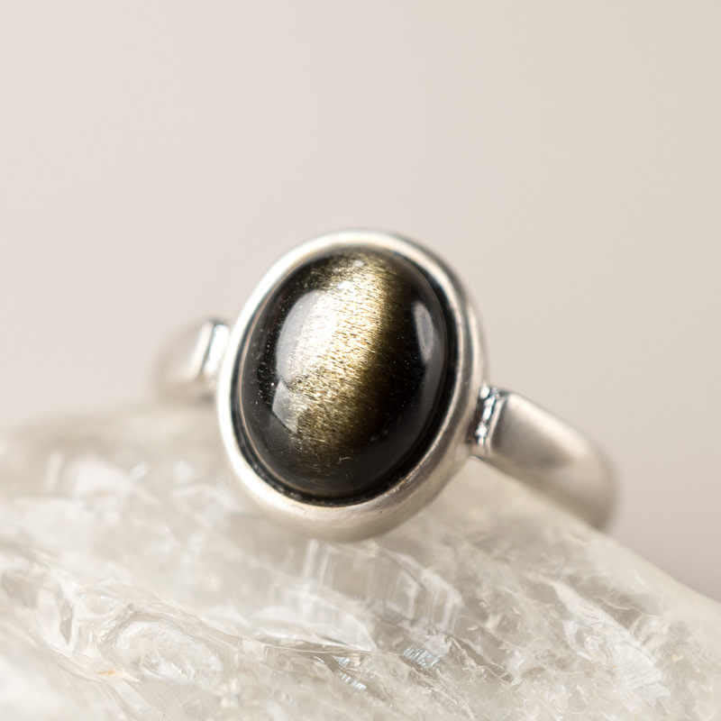 Wear FengShui Natural 925 Sterling Silver Gold Sheen Obsidian Adjustable Wealth Ring