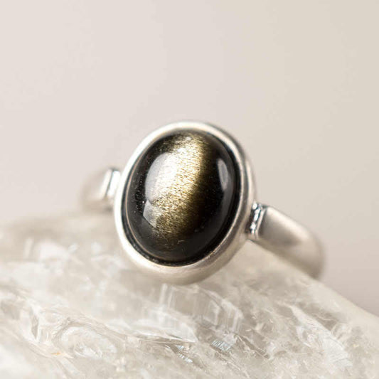 Wear FengShui Natural 925 Sterling Silver Gold Sheen Obsidian Adjustable Wealth Ring