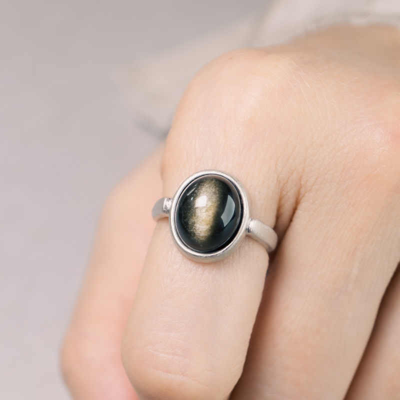 Wear FengShui Natural 925 Sterling Silver Gold Sheen Obsidian Adjustable Wealth Ring
