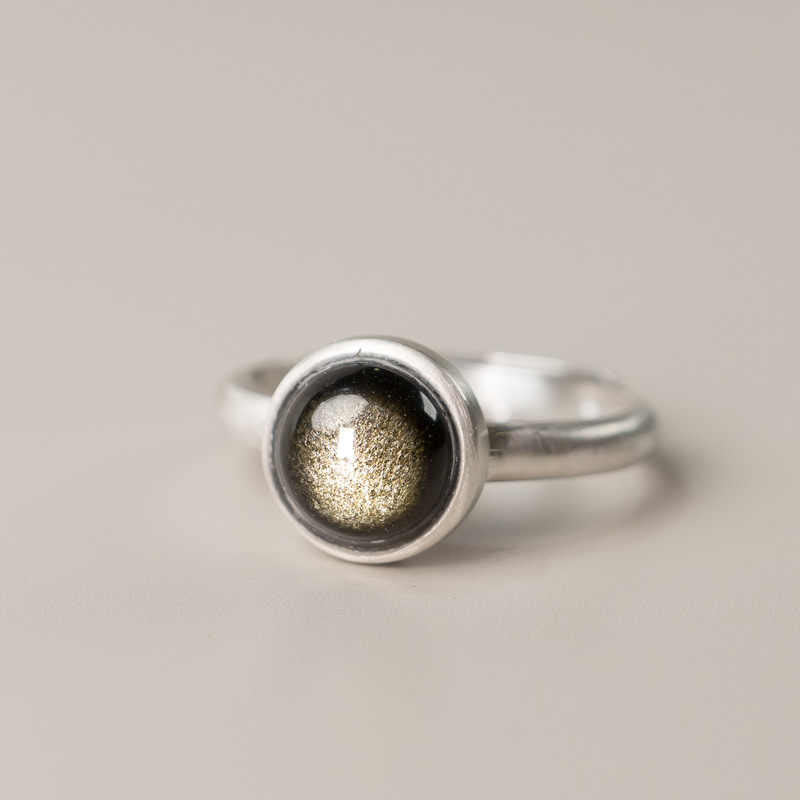 Wear FengShui Natural 925 Sterling Silver Gold Sheen Obsidian Adjustable Wealth Ring