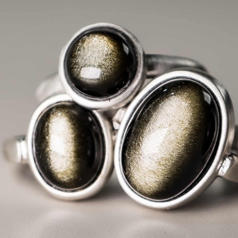 Wear FengShui Natural 925 Sterling Silver Gold Sheen Obsidian Adjustable Wealth Ring